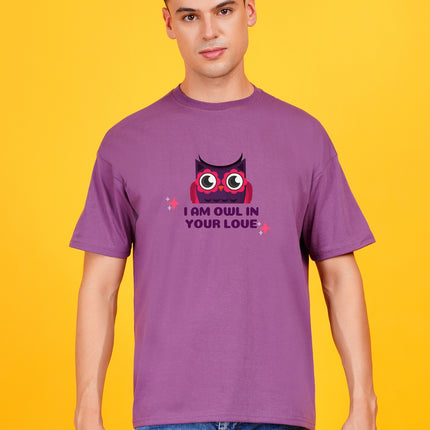 Men's Mauve Dark Purple I'm owl in your Love Graphic Printed Oversized T-shirt