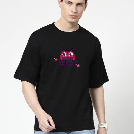 Men's Black I'm owl in your Love Graphic Printed Oversized T-shirt