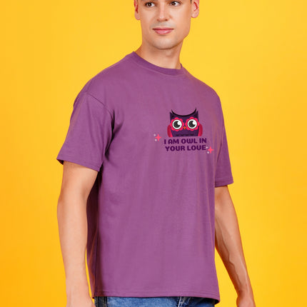 Men's Mauve Dark Purple I'm owl in your Love Graphic Printed Oversized T-shirt