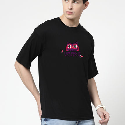 Men's Black I'm owl in your Love Graphic Printed Oversized T-shirt