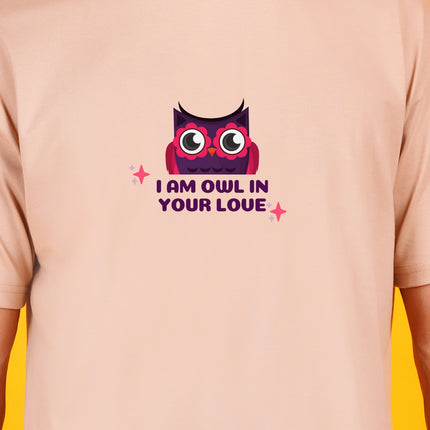 Men's Beige I'm owl in your Love Graphic Printed Oversized T-shirt