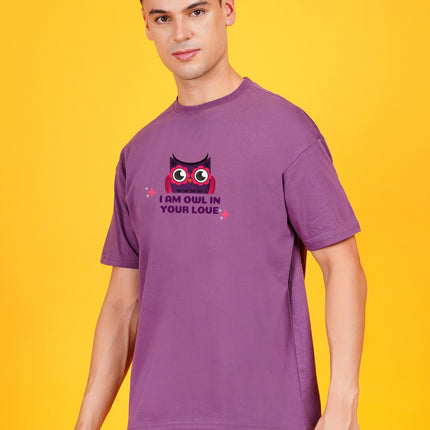 Men's Mauve Dark Purple I'm owl in your Love Graphic Printed Oversized T-shirt