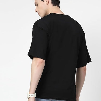 Men Solid Drop Shoulder (Over Sized) Round Neck Cotton Blend Black T-Shirt