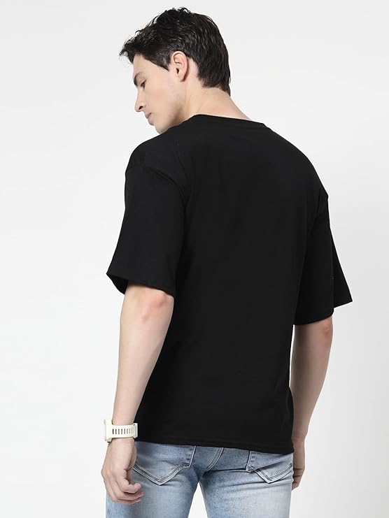 Men Solid Drop Shoulder (Over Sized) Round Neck Cotton Blend Black T-Shirt