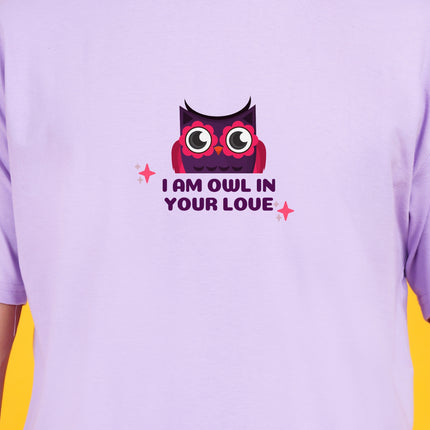 Men's Light Violet I'm owl in your Love Graphic Printed Oversized T-shirt