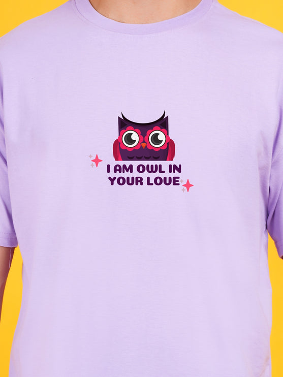 Men's Light Violet I'm owl in your Love Graphic Printed Oversized T-shirt