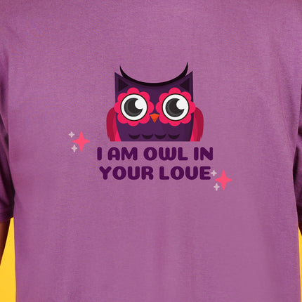 Men's Mauve Dark Purple I'm owl in your Love Graphic Printed Oversized T-shirt