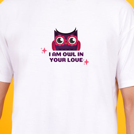 Men's White I'm owl in your Love Graphic Printed Oversized T-shirt