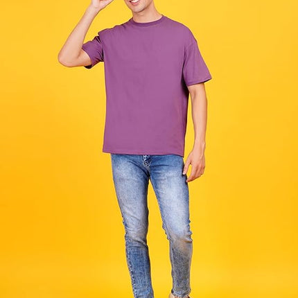 Men Solid Drop Shoulder (Over Sized) Round Neck Cotton Blend Mauve Dark Purple T-Shirt