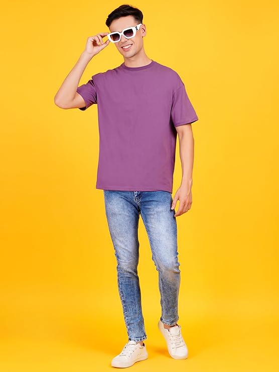 Men Solid Drop Shoulder (Over Sized) Round Neck Cotton Blend Mauve Dark Purple T-Shirt