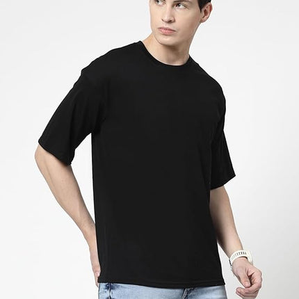 Men Solid Drop Shoulder (Over Sized) Round Neck Cotton Blend Black T-Shirt