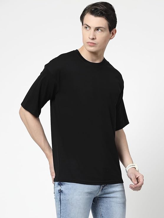 Men Solid Drop Shoulder (Over Sized) Round Neck Cotton Blend Black T-Shirt