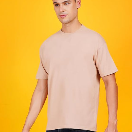 Men Solid Drop Shoulder (Over Sized) Round Neck Cotton Blend Beige T-Shirt