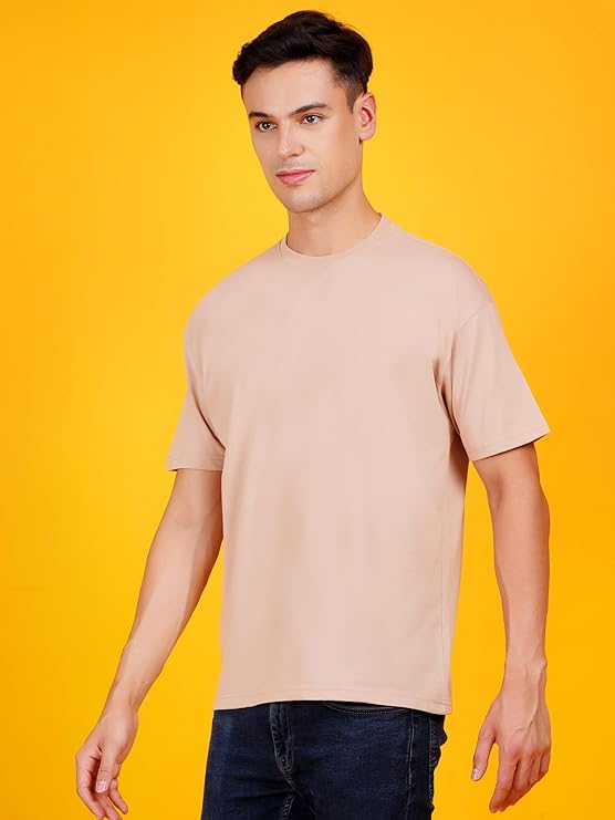 Men Solid Drop Shoulder (Over Sized) Round Neck Cotton Blend Beige T-Shirt