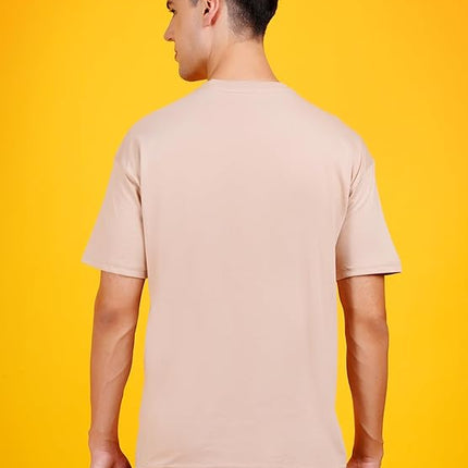 Men Solid Drop Shoulder (Over Sized) Round Neck Cotton Blend Beige T-Shirt