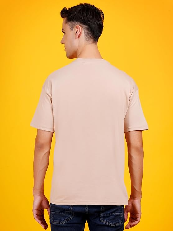 Men Solid Drop Shoulder (Over Sized) Round Neck Cotton Blend Beige T-Shirt