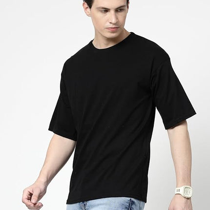 Men Solid Drop Shoulder (Over Sized) Round Neck Cotton Blend Black T-Shirt