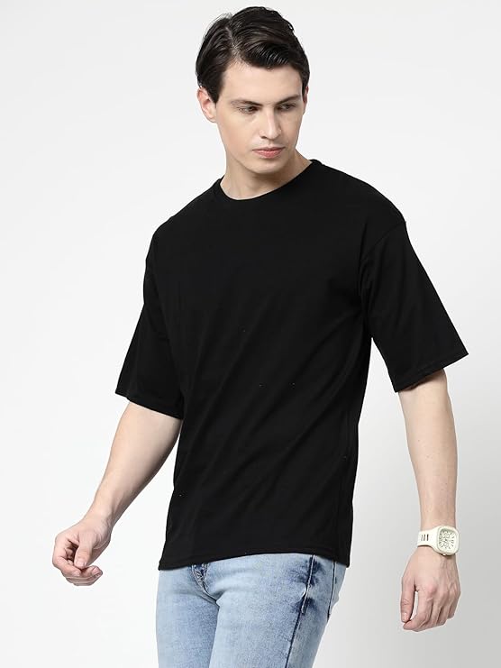 Men Solid Drop Shoulder (Over Sized) Round Neck Cotton Blend Black T-Shirt