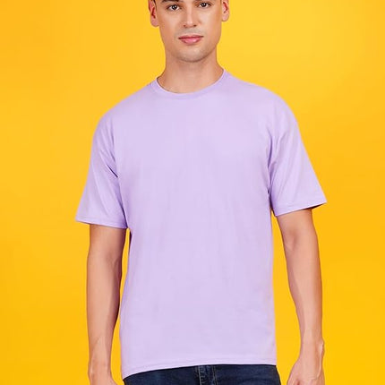 Men Solid Drop Shoulder (Over Sized) Round Neck Cotton Blend Light Violet T-Shirt