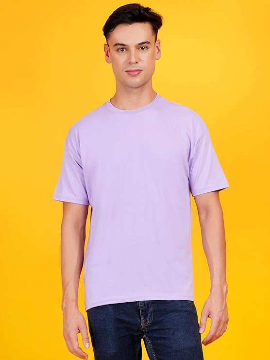 Men Solid Drop Shoulder (Over Sized) Round Neck Cotton Blend Light Violet T-Shirt