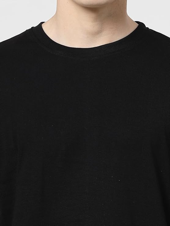 Men Solid Drop Shoulder (Over Sized) Round Neck Cotton Blend Black T-Shirt