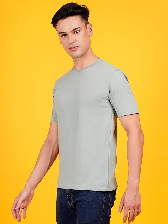 Men Solid Crew Neck Cotton Blend Solid Sage Green T-Shirt