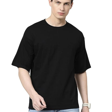 Men Solid Drop Shoulder (Over Sized) Round Neck Cotton Blend Black T-Shirt