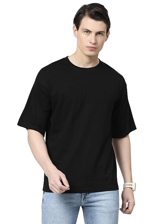 Men Solid Drop Shoulder (Over Sized) Round Neck Cotton Blend Black T-Shirt