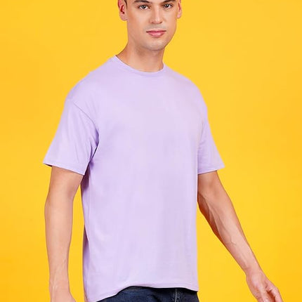 Men Solid Drop Shoulder (Over Sized) Round Neck Cotton Blend Light Violet T-Shirt