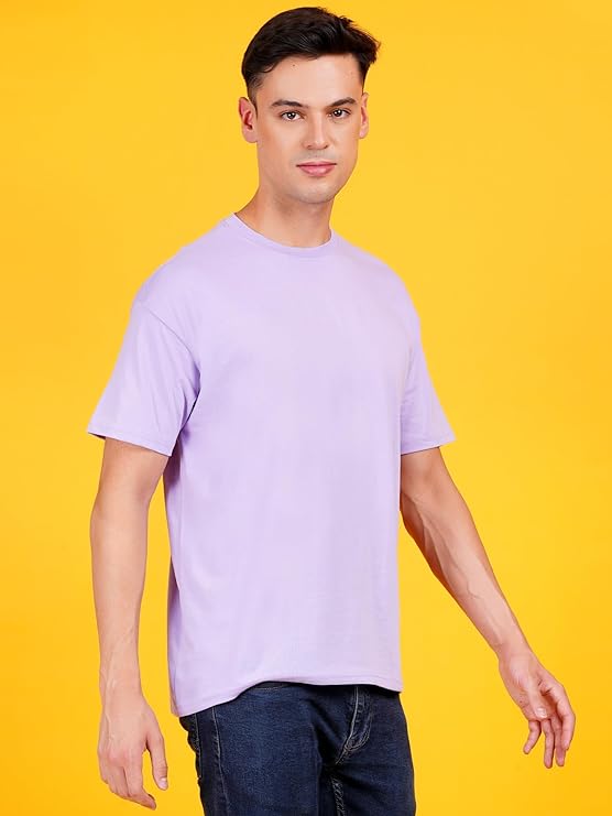 Men Solid Drop Shoulder (Over Sized) Round Neck Cotton Blend Light Violet T-Shirt