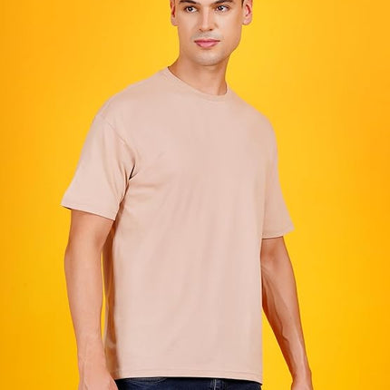 Men Solid Drop Shoulder (Over Sized) Round Neck Cotton Blend Beige T-Shirt