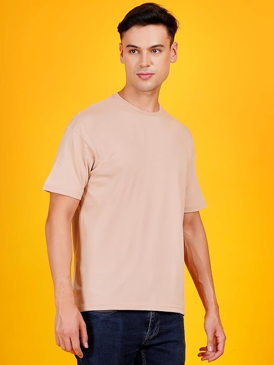 Men Solid Drop Shoulder (Over Sized) Round Neck Cotton Blend Beige T-Shirt