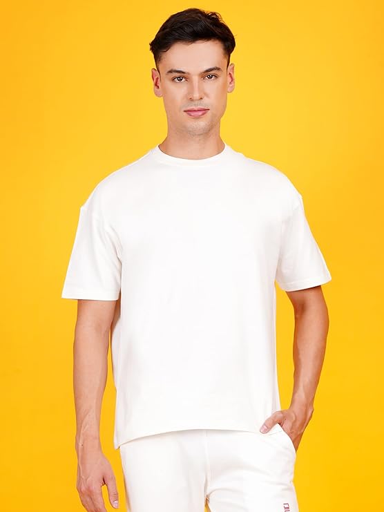 Solids: Off White Drop Shoulder T-Shirts