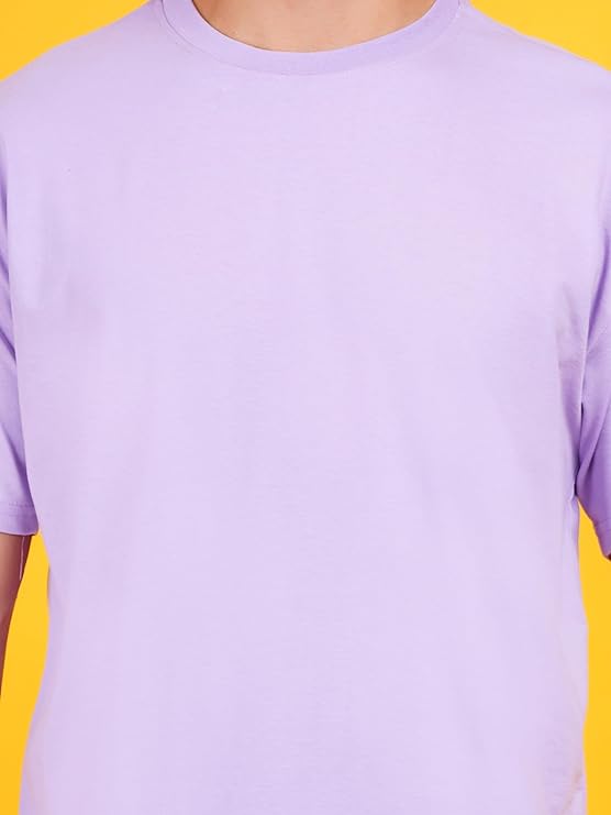 Men Solid Drop Shoulder (Over Sized) Round Neck Cotton Blend Light Violet T-Shirt