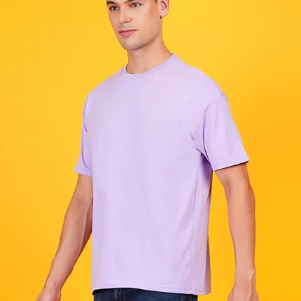 Men Solid Drop Shoulder (Over Sized) Round Neck Cotton Blend Light Violet T-Shirt