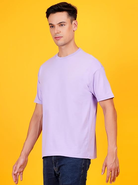 Men Solid Drop Shoulder (Over Sized) Round Neck Cotton Blend Light Violet T-Shirt