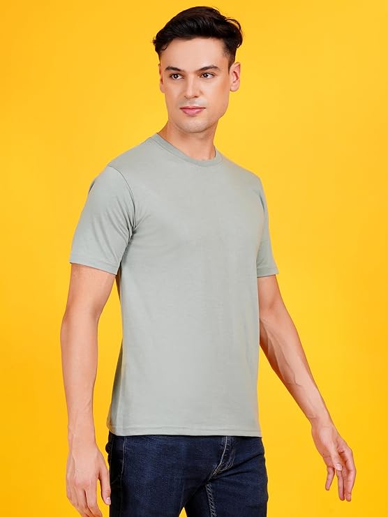 Men Solid Crew Neck Cotton Blend Solid Sage Green T-Shirt