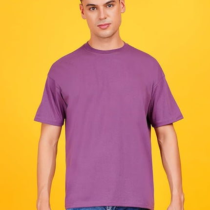 Men Solid Drop Shoulder (Over Sized) Round Neck Cotton Blend Mauve Dark Purple T-Shirt