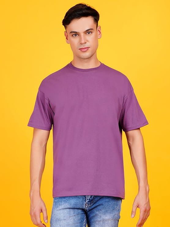 Men Solid Drop Shoulder (Over Sized) Round Neck Cotton Blend Mauve Dark Purple T-Shirt