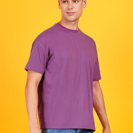 Men Solid Drop Shoulder (Over Sized) Round Neck Cotton Blend Mauve Dark Purple T-Shirt