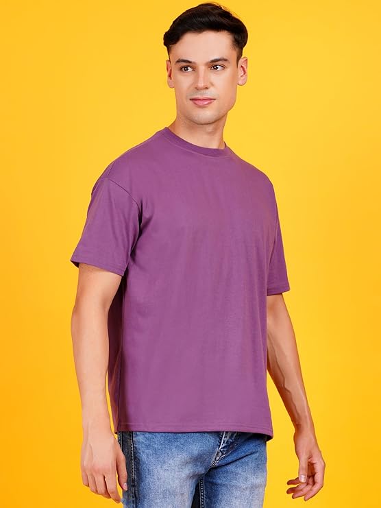 Men Solid Drop Shoulder (Over Sized) Round Neck Cotton Blend Mauve Dark Purple T-Shirt