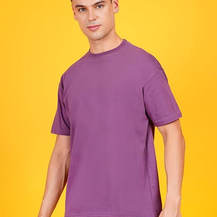 Men Solid Drop Shoulder (Over Sized) Round Neck Cotton Blend Mauve Dark Purple T-Shirt