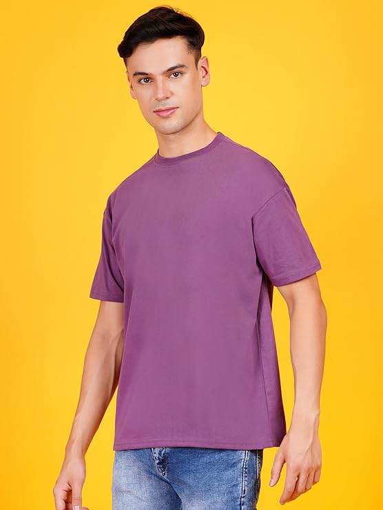 Men Solid Drop Shoulder (Over Sized) Round Neck Cotton Blend Mauve Dark Purple T-Shirt