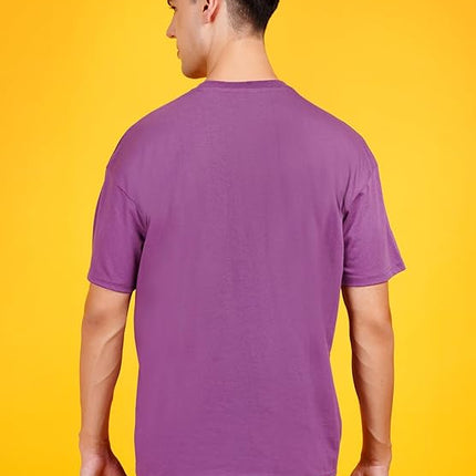 Men Solid Drop Shoulder (Over Sized) Round Neck Cotton Blend Mauve Dark Purple T-Shirt