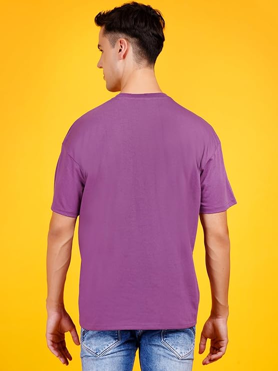 Men Solid Drop Shoulder (Over Sized) Round Neck Cotton Blend Mauve Dark Purple T-Shirt