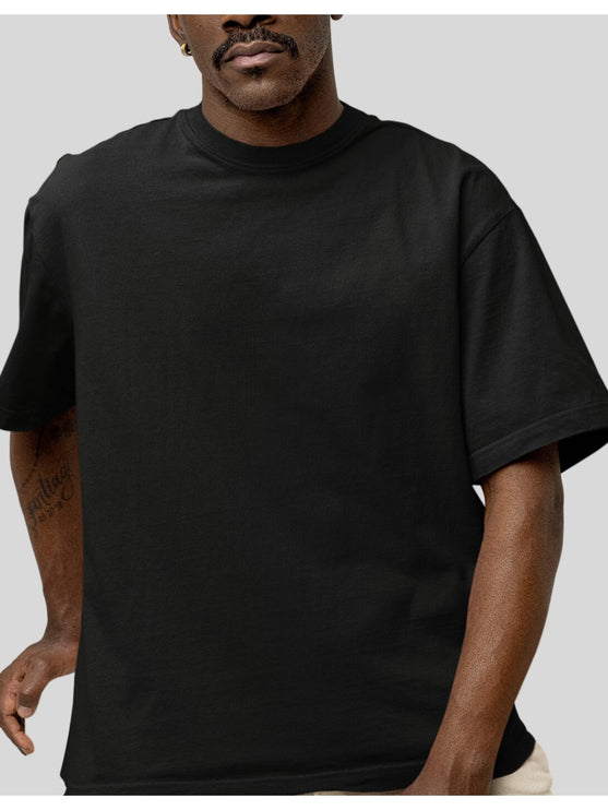 Men Solid Drop Shoulder (Over Sized) Round Neck Cotton Blend Black T-Shirt