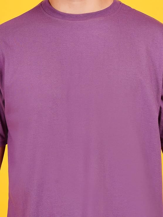 Men Solid Drop Shoulder (Over Sized) Round Neck Cotton Blend Mauve Dark Purple T-Shirt