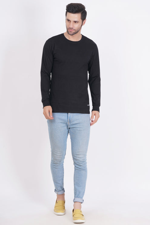 Men Solid Round Neck Full Sleeve Pure Cotton Black T-Shirt