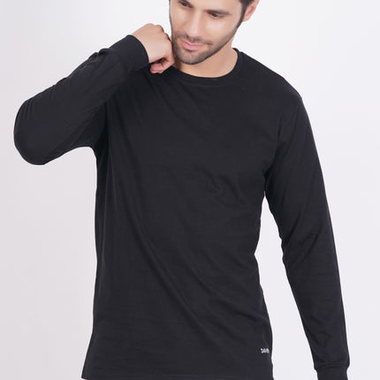 Men Solid Round Neck Full Sleeve Pure Cotton Black T-Shirt