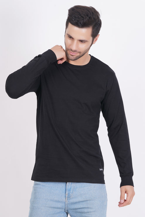 Men Solid Round Neck Full Sleeve Pure Cotton Black T-Shirt